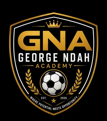 George Ndah Academy badge — black and gold shield with crown, GNA initials, football and laurel branches