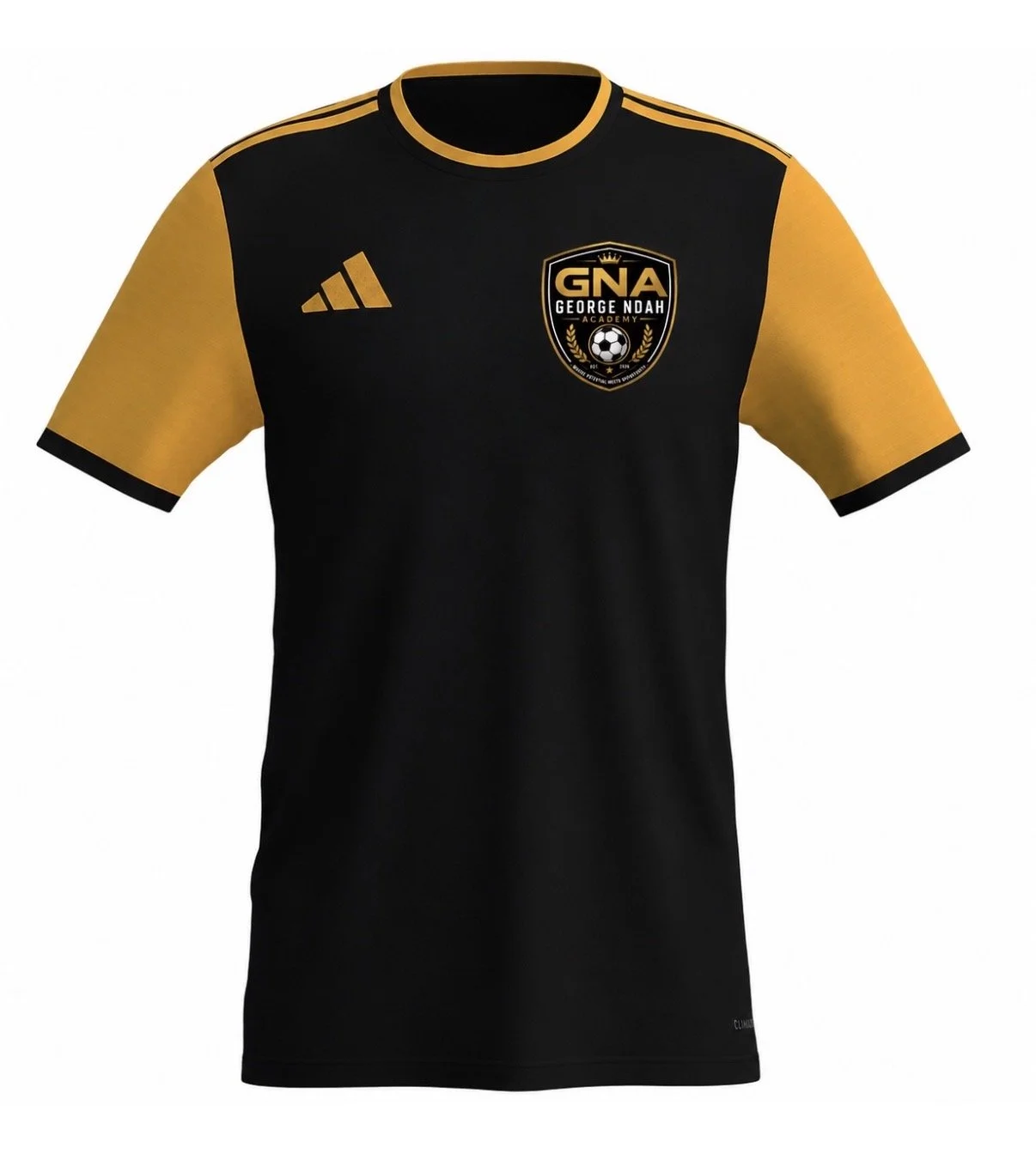Black and gold GNA Adidas football shirt with academy crest
